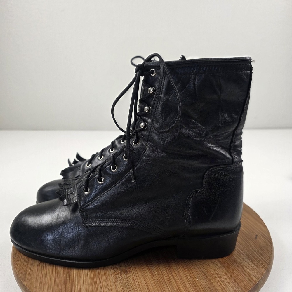 J. Chisholm Boots Mens Size 10 Black Leather Lace Up Western Fringe Made USA